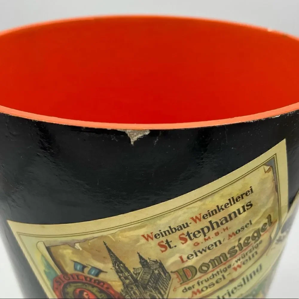 MidCentury W German Alcohol Label Decoupage Enameled Champagne Bucket & Coasters
